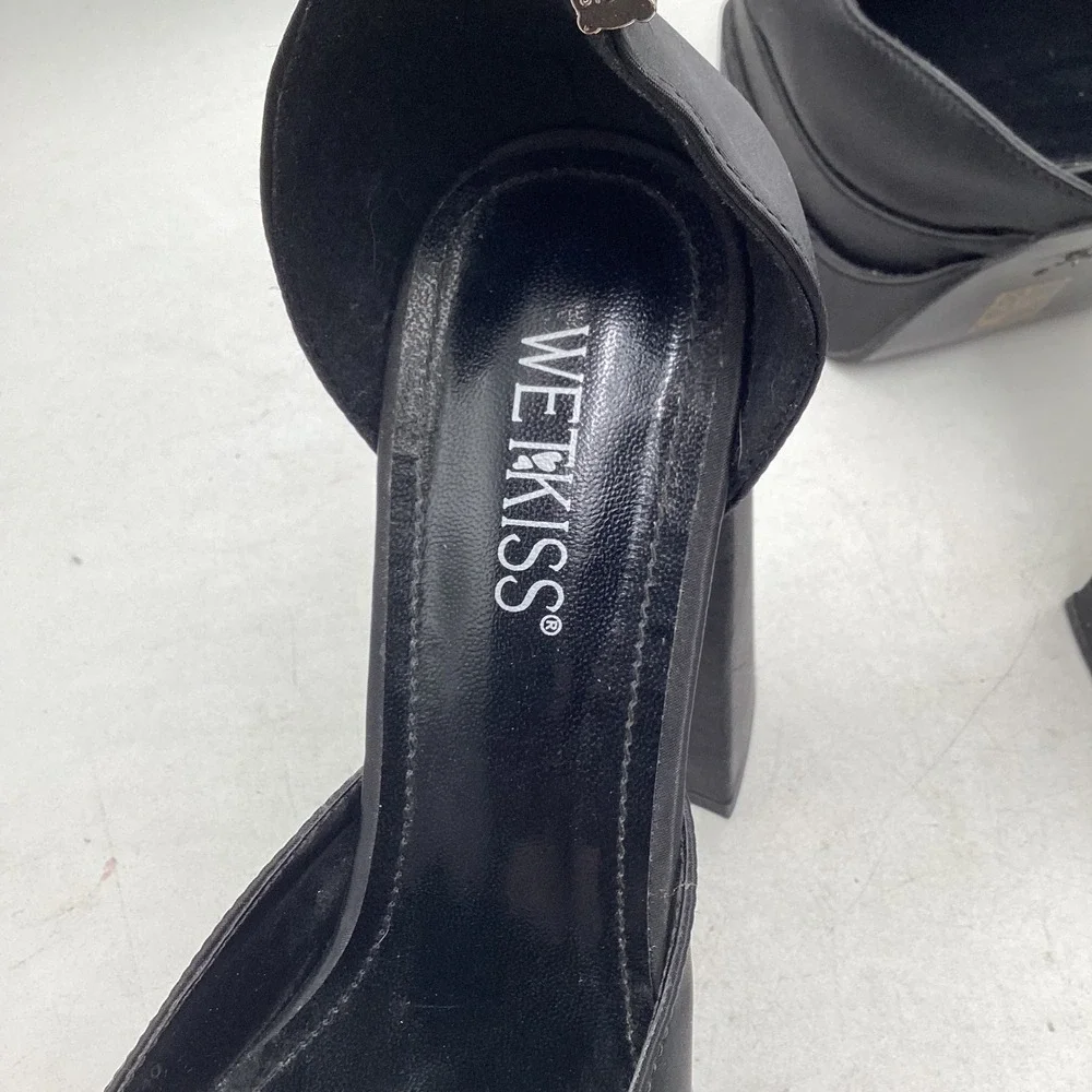 Wetkiss Black Satin Double Platform Block Heel Square Toe Ankle Strap Pumps 9.5